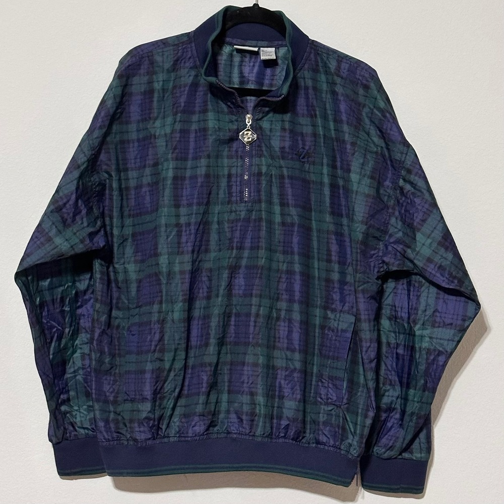 Jerzees Black Watch Tartan Plaid 1/4 Zip Navy Green Men L Windbreaker‎ Golf 90's